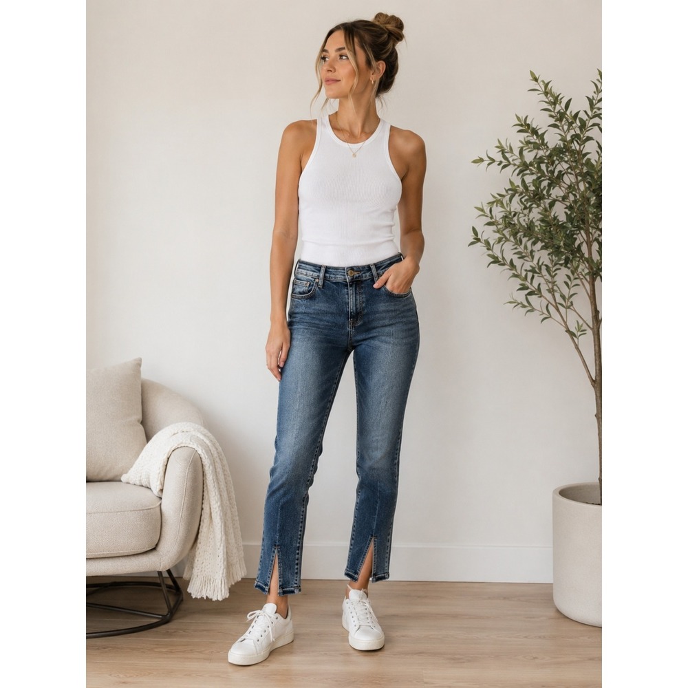 Frame‎ Le Nouveau Straight Jeans Womens 31 Blue Front Seam Split Raw Hem